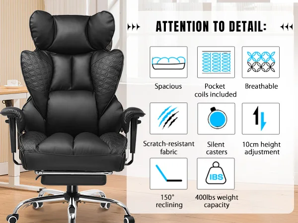 Ergonomic Leather Executive Office Chair with Footrest & Recline